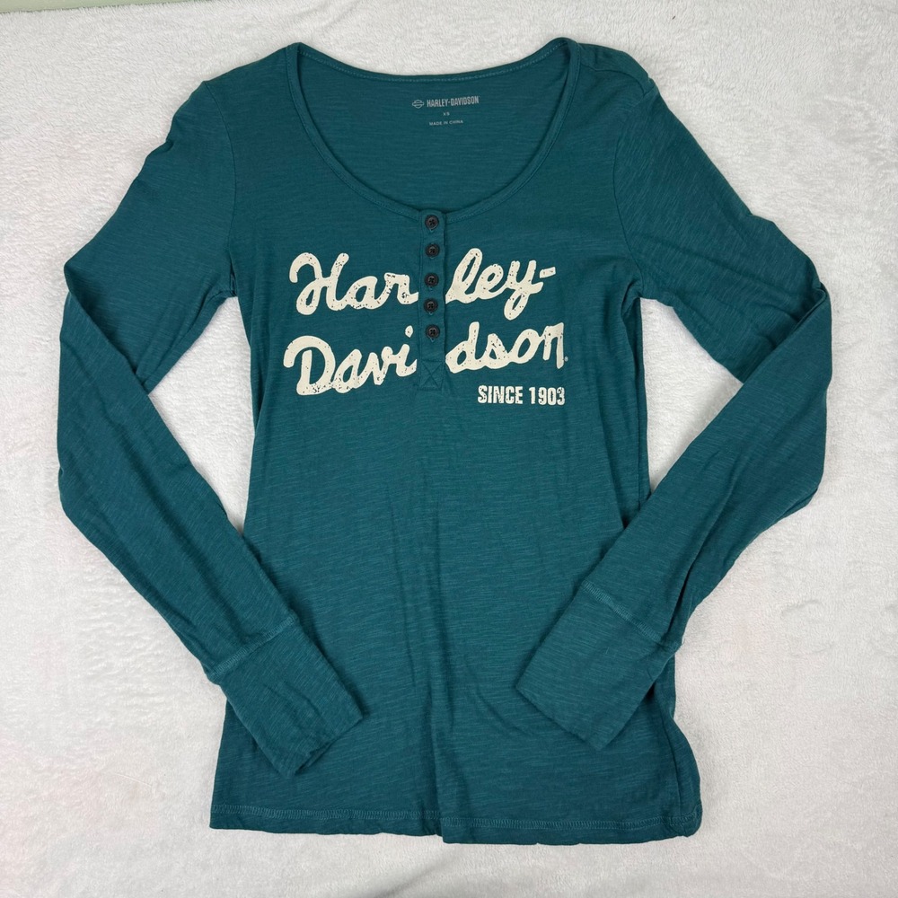 Harley-Davidson Womens XS Henley Top Long Sleeve Teal Blue Graphic Cotton Tee